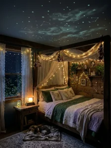 Small fairy garden with miniature décor outside a bedroom window.
