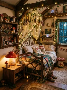 Mushroom-shaped décor accents in a fairy-themed bedroom.