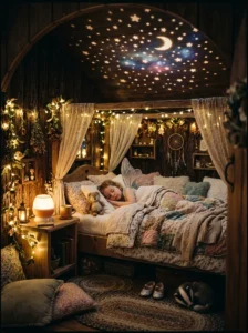 Star projector creating glowing stars across a fairy bedroom ceiling.