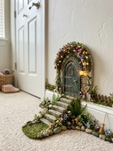 Tiny decorative fairy door installed along a bedroom baseboard.