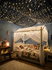 Warm fairy lights forming a canopy across a fairy-themed bedroom ceiling.