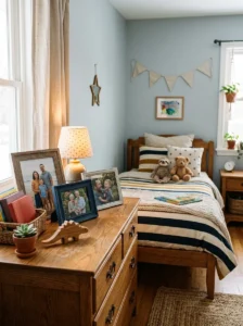 Family photo display arranged on a dresser in a young boy’s bedroom.