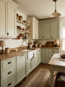 Chalk-style painted kitchen cabinets with a distressed vintage finish