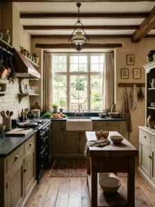 Dark soapstone countertops in a traditional farmhouse kitchen.