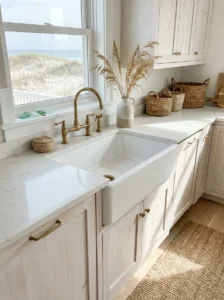 White farmhouse sink in a relaxed coastal kitchen