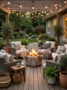 Fire pit surrounded by comfortable seating on a cozy backyard patio