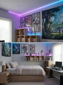 Flexible anime bedroom with removable décor that can change with favorite series.
