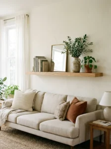 Small framed mirror displayed on a floating shelf to reflect light.