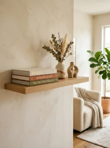 : Small stack of coffee table books arranged on a stylish floating shelf.