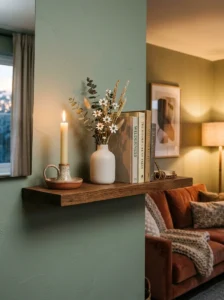 Floating shelf decorated with a candle in a ceramic holder and warm accessories.