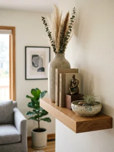 Floating shelf decorated with objects of different heights for visual balance.