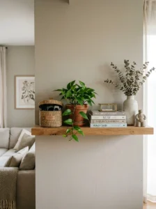 : Floating shelf with a woven basket for concealed storage and decorative accessories.