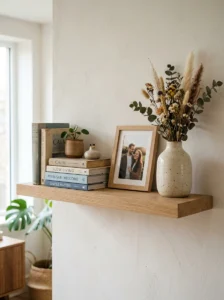 Floating shelves with uneven lengths creating visual variety on a living room wall.