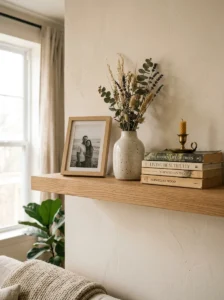 t: Framed personal photograph casually displayed on a decorated floating shelf.