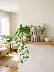 Floating shelf with a trailing green plant and neutral decorative accessories.
