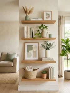 : Floating shelves styled with coordinated cream, wood, and sage green déco