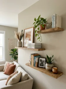 t: Asymmetrical floating shelves decorated with books, vases, artwork, and plants.