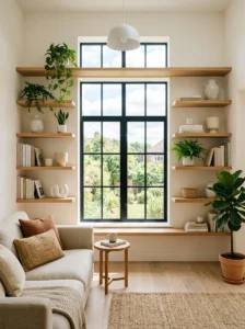 Floating shelf decorated with tasteful seasonal accessories and autumn greenery.