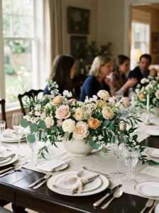 Low seasonal floral centerpiece on an elegant dining table.