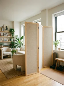 Freestanding folding screen used as a flexible room divider in a modern apartment.