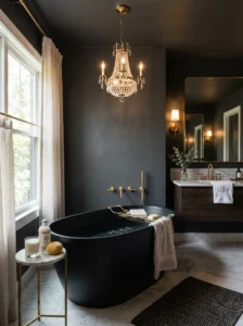 Dark luxury bathroom with a statement chandelier above a freestanding tub