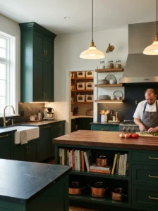 Functional dark green kitchen combining dramatic style with practical cooking space.