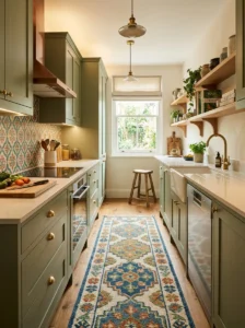 Small galley kitchen with a colorful patterned runner rug