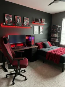 Red gaming chair adding character-inspired style to an anime bedroom.