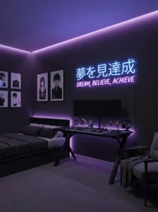 Coordinating floor cushions providing casual seating in an anime bedroom.