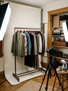Dedicated photography corner inside a walk-in closet.