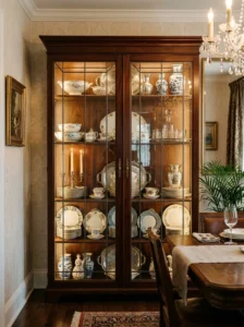 Glass cabinet displaying vintage china and decorative dishware.