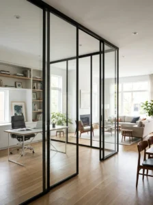 Modern sliding glass doors separating a home office from a living room.