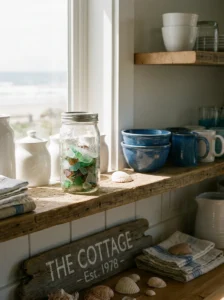 Collected sea glass displayed on a coastal kitchen shelf