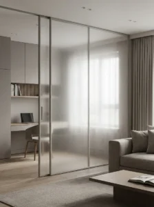 Frosted window film adding privacy to a glass partition between two rooms.