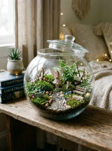 Fairy garden terrarium with miniature figures and living plants.