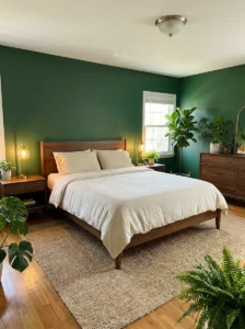 Forest green bedroom walls with wood furniture, plants and cream bedding
