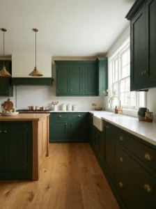 Timeless kitchen with deep forest green cabinetry and warm natural accents.