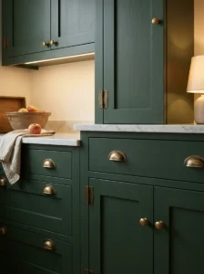 Antique brass cabinet hinges complementing dark green kitchen cabinetry.
