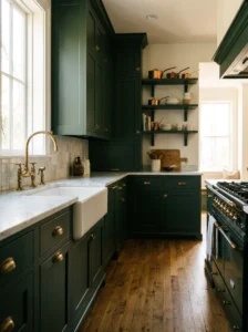 Vintage-style brass faucet paired with dark green kitchen cabinets.
