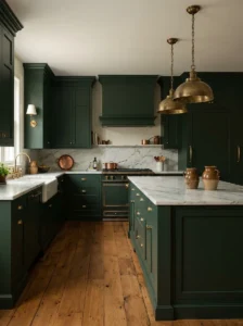 Antique brass pendant lights above an island in a dark green kitchen.