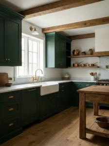 White farmhouse sink contrasting beautifully with dark green kitchen cabinets.