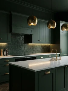 Dark green kitchen with matching deep green textured backsplash tiles.