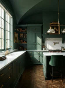 Immersive dark green kitchen with a matching green ceiling.