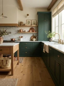 Dark green kitchen balanced with warm natural oak flooring.