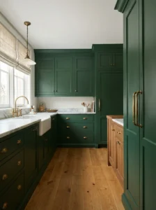 Forest green pantry door matching the kitchen cabinetry for a cohesive look.