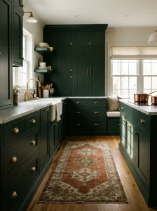 Warm vintage runner rug adding pattern to a dark green kitchen.