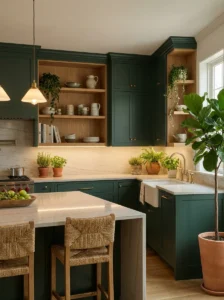 Deep forest green kitchen cabinets with brass hardware