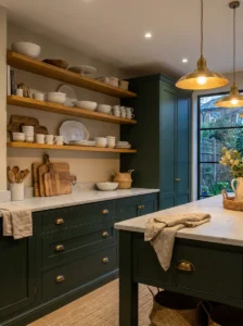 Warm wood open shelves contrasting with dark green kitchen cabinets.