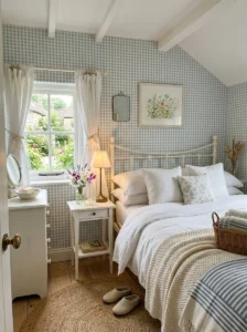 Pale blue and white gingham wallpaper in a small bedroom