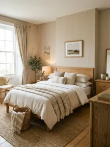Faux linen-look textured wallpaper in a warm bedroom